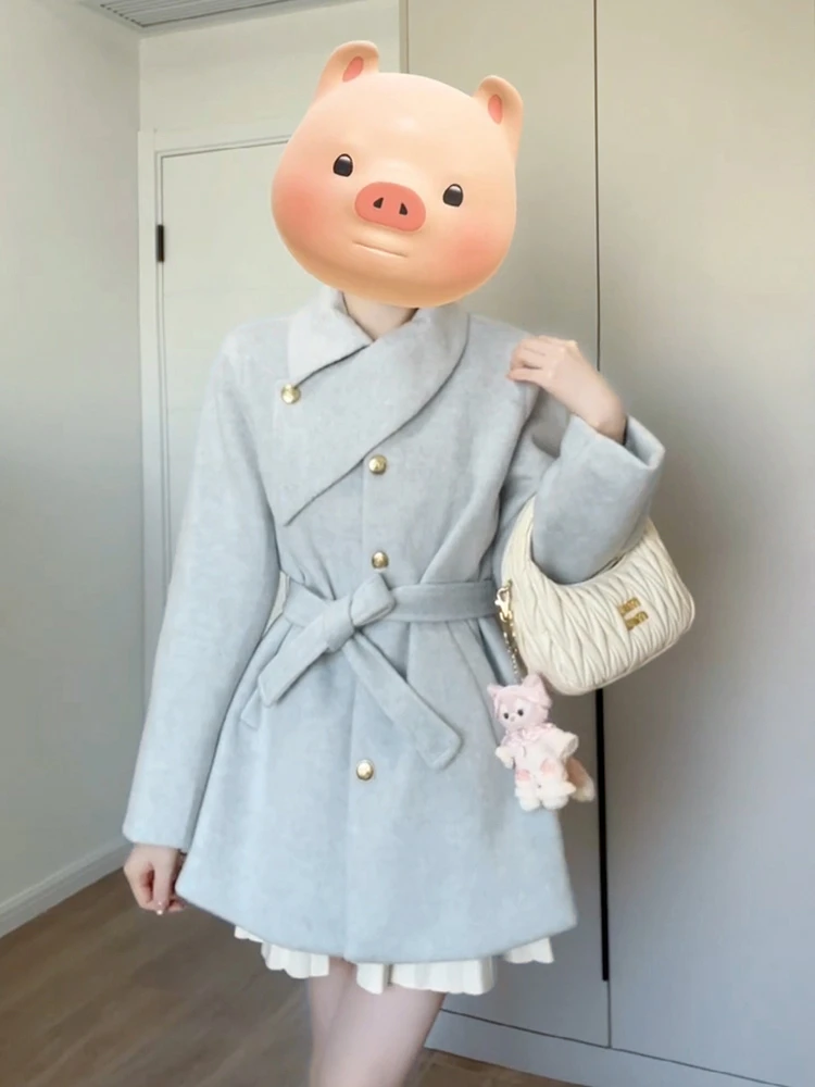 مزيج الصوف معاطف المرأة معطف الصوف طباعة الخريف متعرجة الوقوف طوق أنيقة ناضجة الباريسية نمط مكتب سيدة معاطف #4