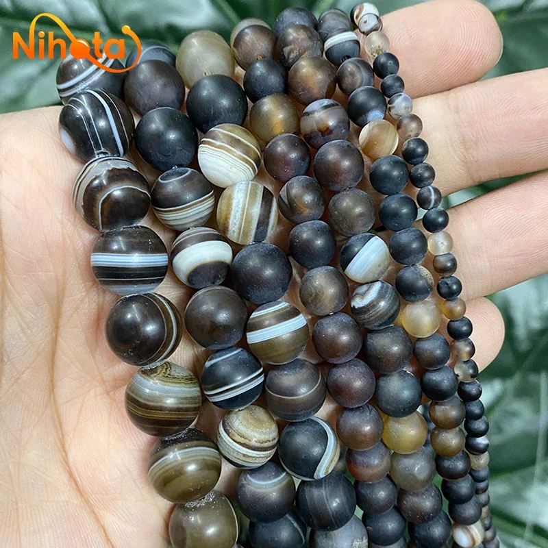 Natural Smooth Matte Stripe Brown Agates Round Banded Lace Beads for Jewelry Making DIY Bracelets Earrings 15