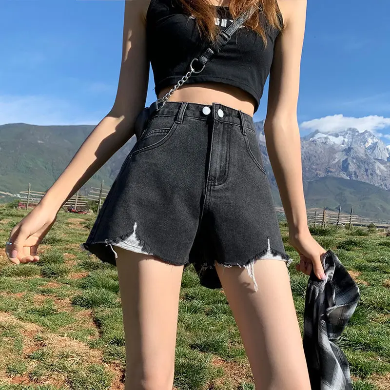 

Новые женские джинсовые шорты с высокой талией в корейском стиле, рваные, летние, облегающие, свободные, широкие, в стиле Hyuna, модель 2021 года, хит продаж.