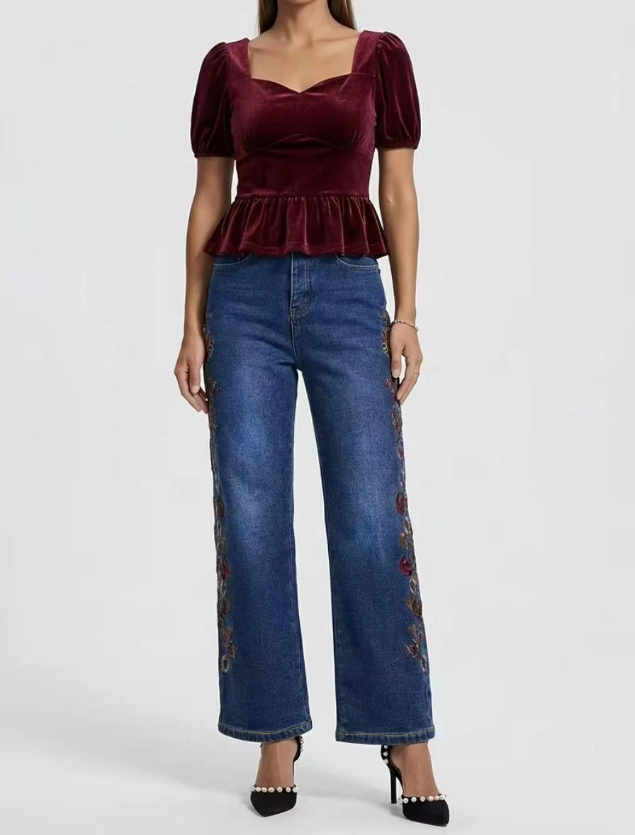 High Waist Side-Bordered Retro Floral Embroidery Straight Leg Jeans for Women
