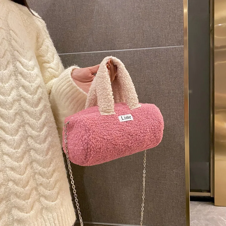 

Winter new arrival fashionable color-blocking plush comfortable shoulder chain bag niche girly-style lambswool cylindrical bags