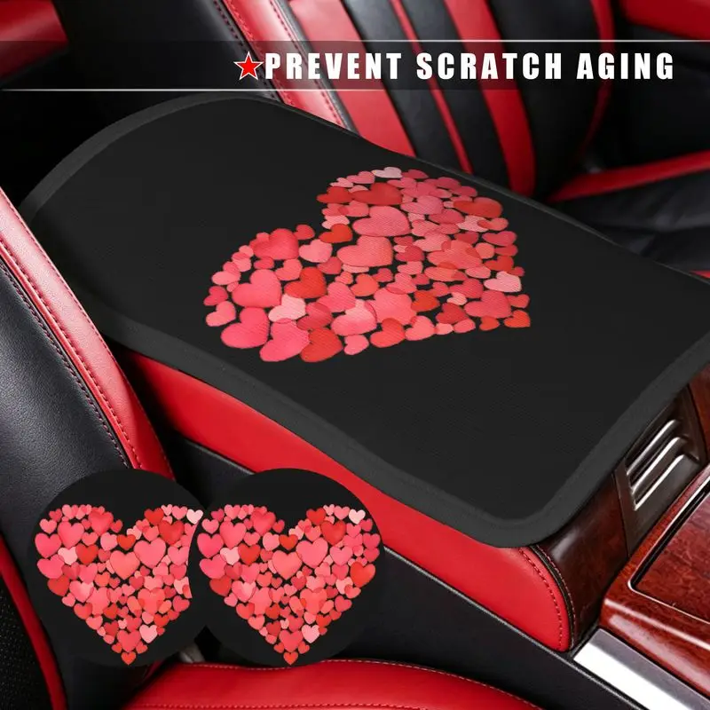 【POD Custom】1Pc Car Armrest Cover + 2Pcs Cup Coasters, Small Hearts Pattern, Romantic Car Interior Accessories