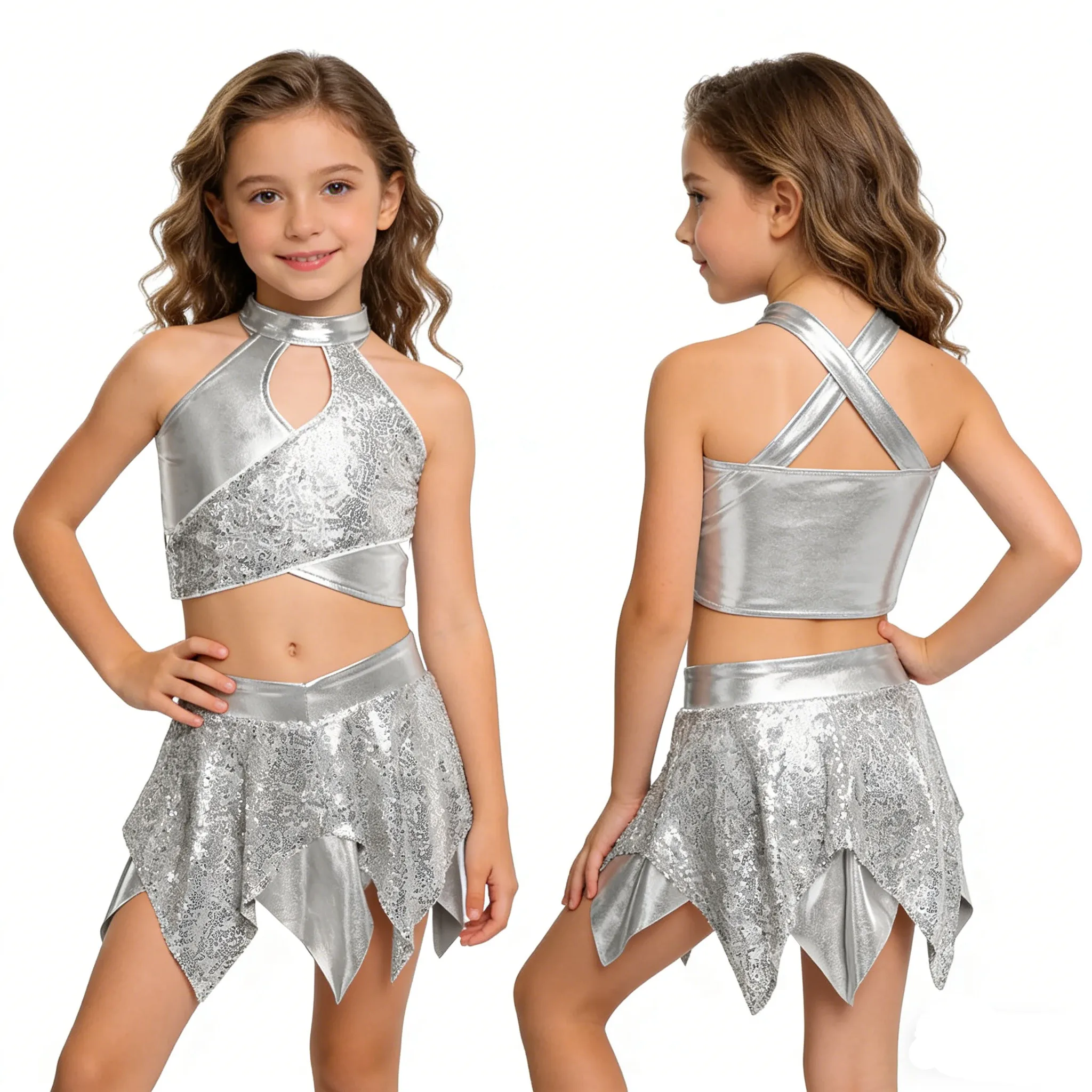 Kids Girls Hip Hop Jazz Dance Outfit Cheerleading Performance Costume Shiny Sequins Metallic Crop Tank Top with Culottes Set