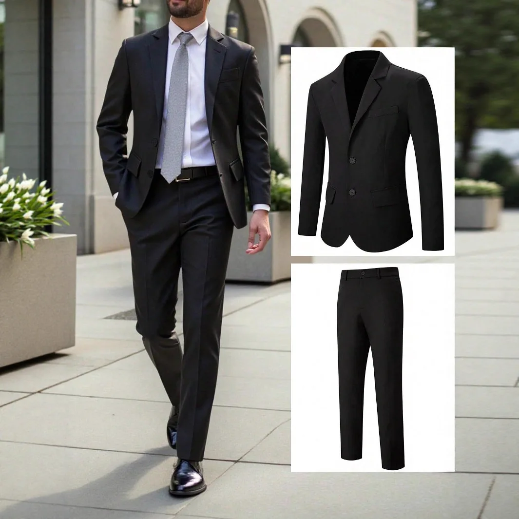 

2026 New Men's Suit Elegant Slim Fit Blazer & Trousers Set Modern Solid Color Business Office 2-Piece Outfits Wedding