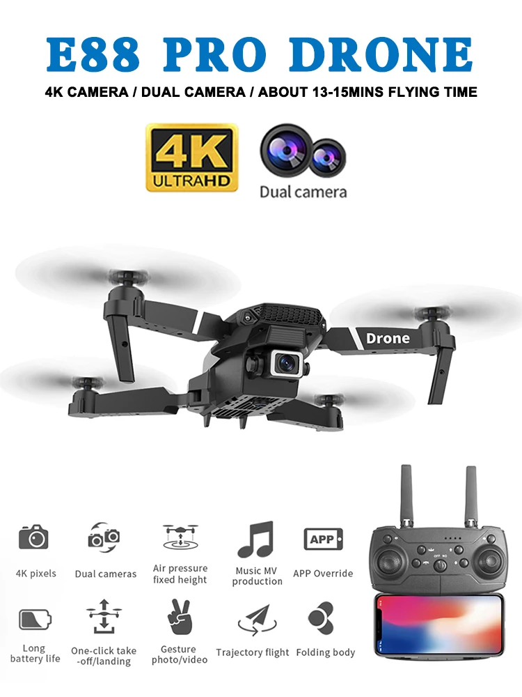 2026 NOWY E88-B-G Profesjonalny dron HD 4K RC z szerokokątną kamerą, składany helikopter, quadcopter, zabawka dla dzieci, prezent. — 2