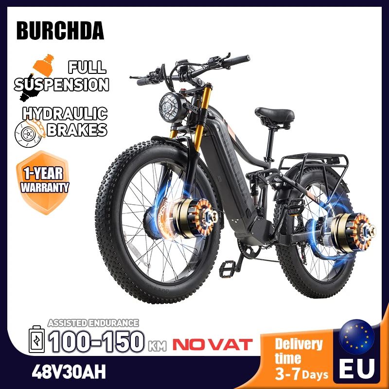 BURCHDA HC26 Dual-Motor Mountainbike, 48V30AH Akku, 26 Zoll MTB Herren-Elektrofahrrad, Erwachsenen-E-Bike mit 2*95Nm Motoren und Fettreifen