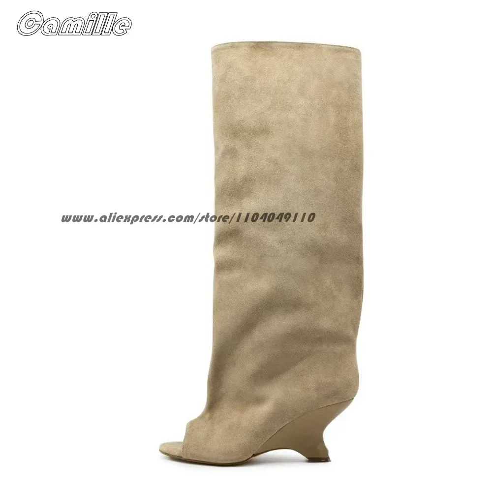 

Solid Suede Strange Heel Peep Toe Modren Boots Open Toe Catwalk Style Lady Grace Boots 2025 New Fashion Knee High Casual Boots
