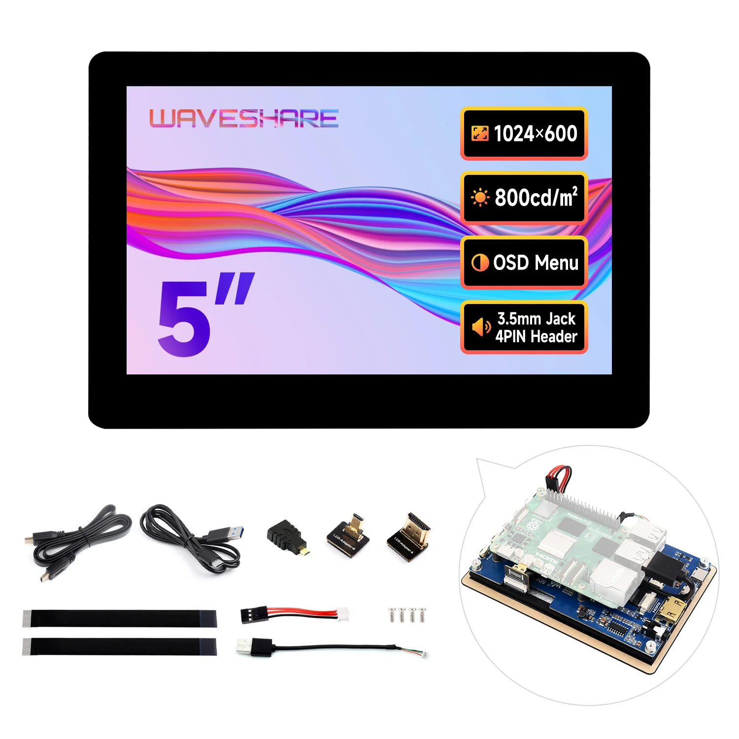 Waveshare 5inch High-Brightness Touch Screen, 1024x600, Toughened Glass Panel,HDMI IPS LCD Display for Raspberry Pi 5/4B/3B+/ PC