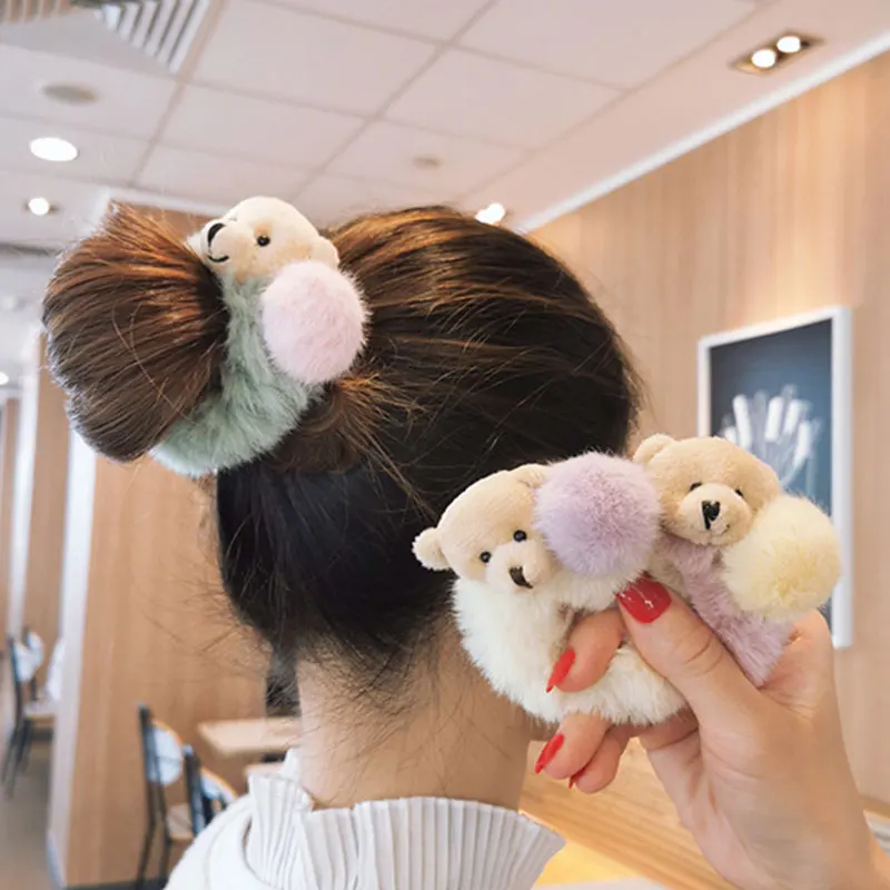 Korea Cute Plush Bear Hair Scrunchies Ties Winter Cartoon Pompom Bear Hair Bands Women Girls Hair Accessories Plush Hair Ring