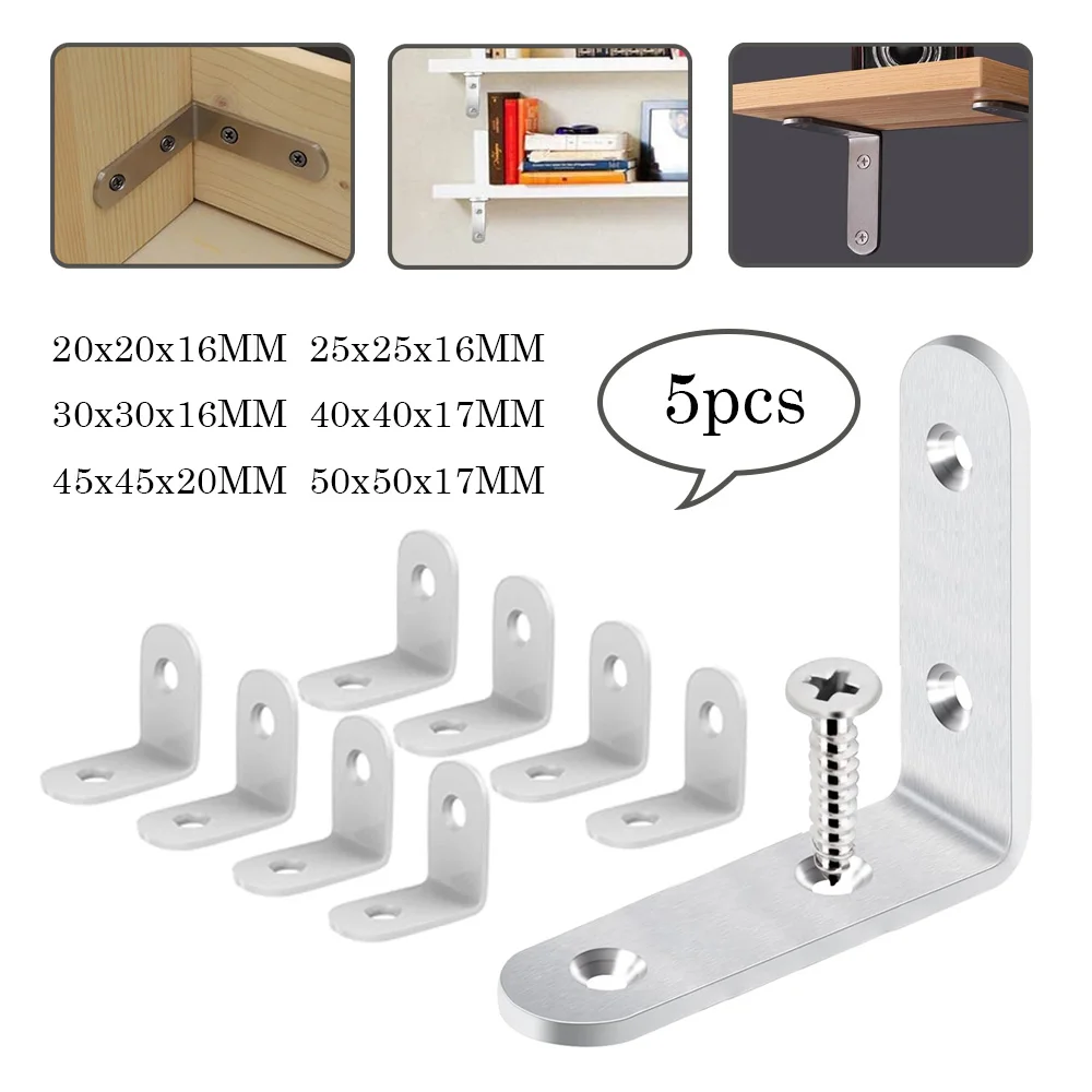 

5Pcs Stainlesss Steel L Brackets, Heavy Duty Right Angle Corner Fixing Brace for Furniture Cabinet Bed Frame Wood Shelf