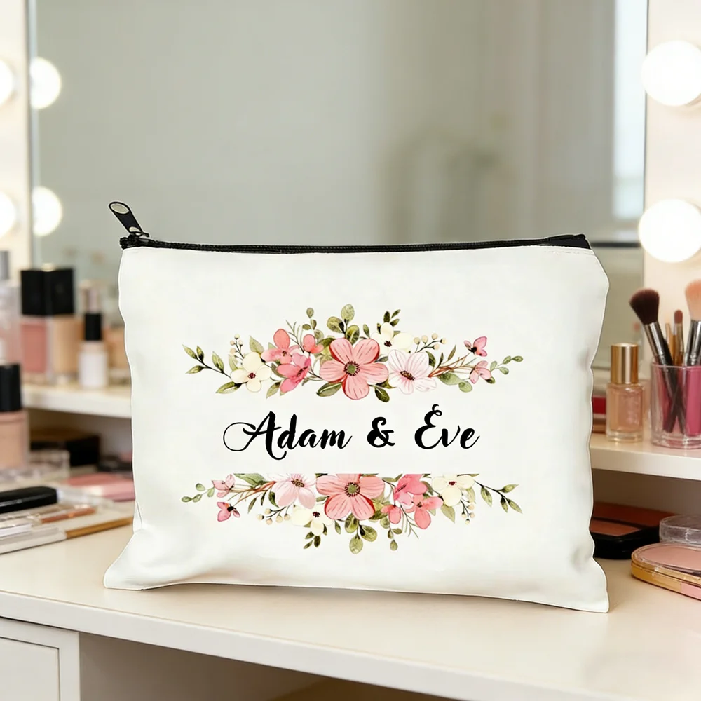

Personalized Name Customizable Cosmetic Bags Floral Pattern Designs for Couples Name Cosmetic Organizers Perfect for Weddings