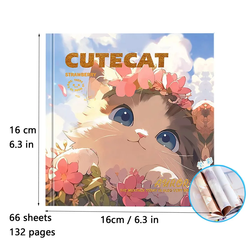 Imagem -06 - Cute Cat Square Notebook Hardcover Diário Student Notepad Página a Cores Ilustração Fofa do Gatinho