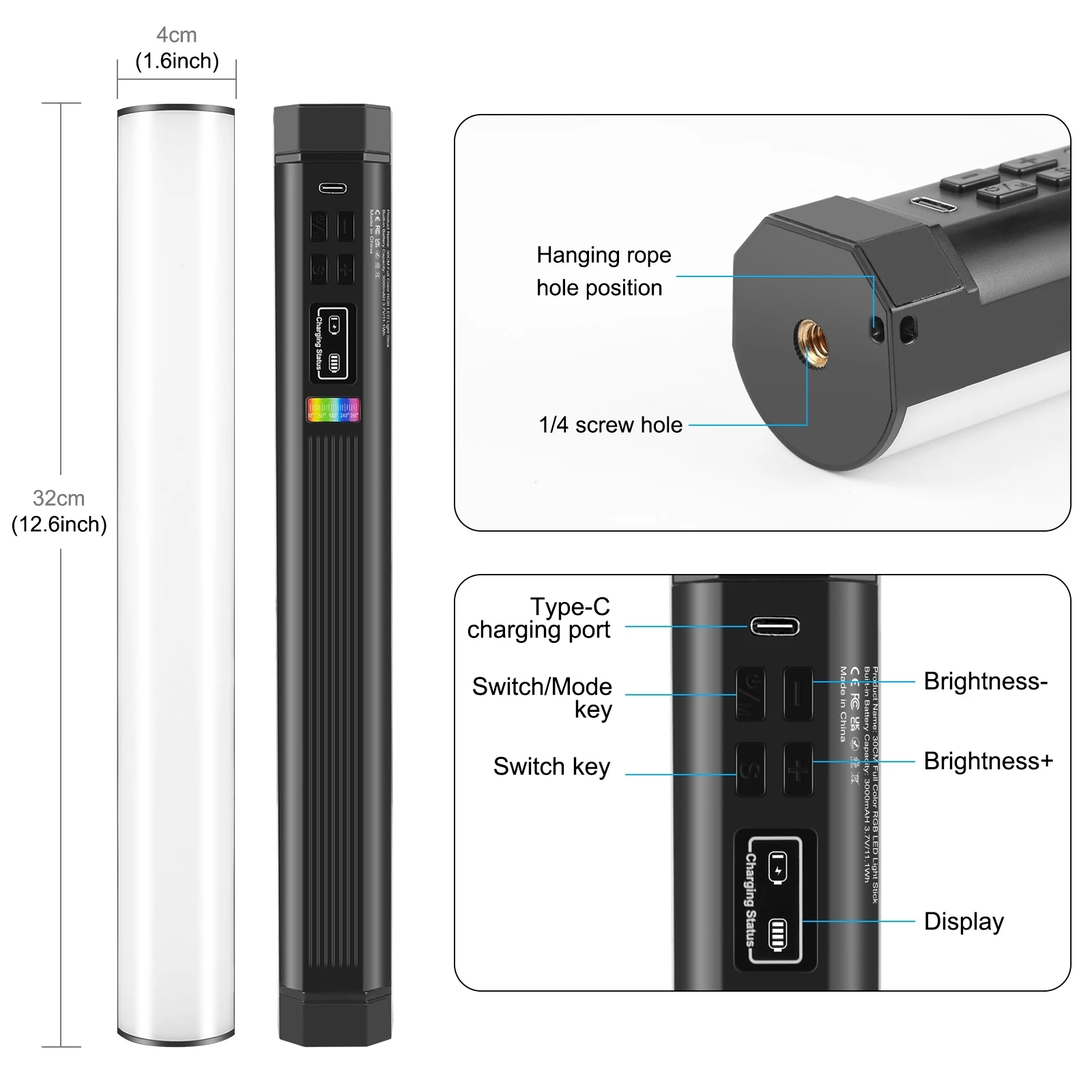 Portable 32cm/12.6in RGB Light Stick Magnetic LED Tube Light Wand 10W Photography Fill Light 2500K-9000K Dimmable