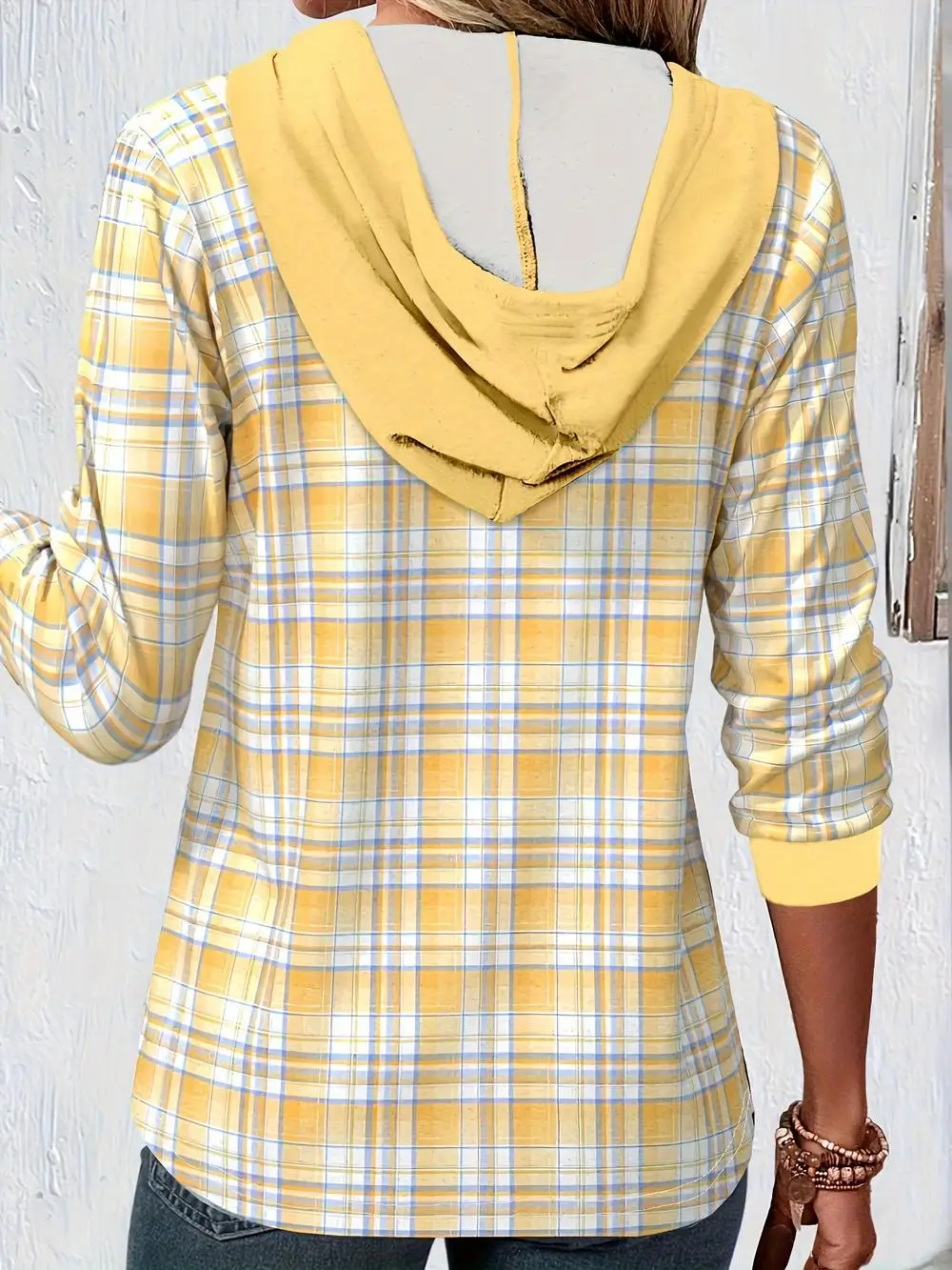 Plaid long-sleeved button-down drawstring hoodie top women