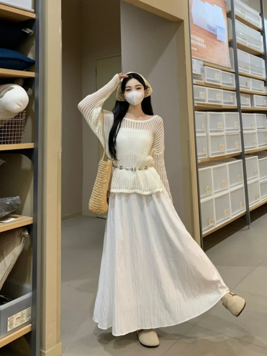 

plus Size Lazy Korean Sle Long Sve Knitted Cover up Women's Summer High Waist Skirt Set Faionable Commute Ensemble
