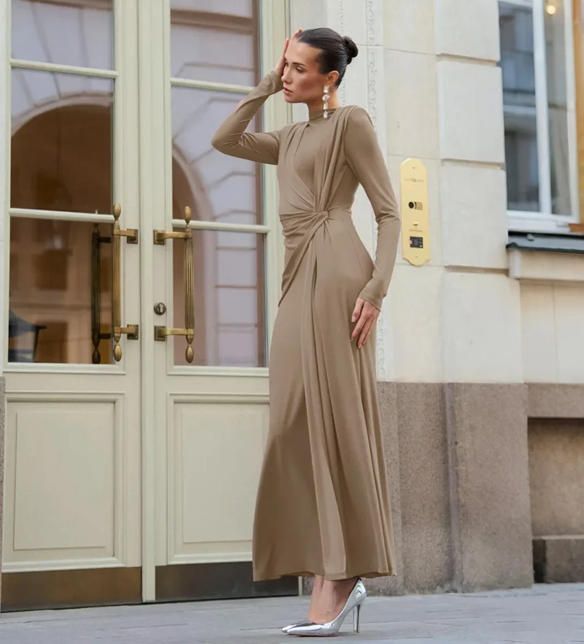 BKLD Fashion Jesienne Francuskie Długie Sukienki Damskie Elegancka Sukienka Wieczorowa z Wysoką Talią, Marszczeniami, Wyszczuplająca, z Długim Rękawem, Jednolity Kolor