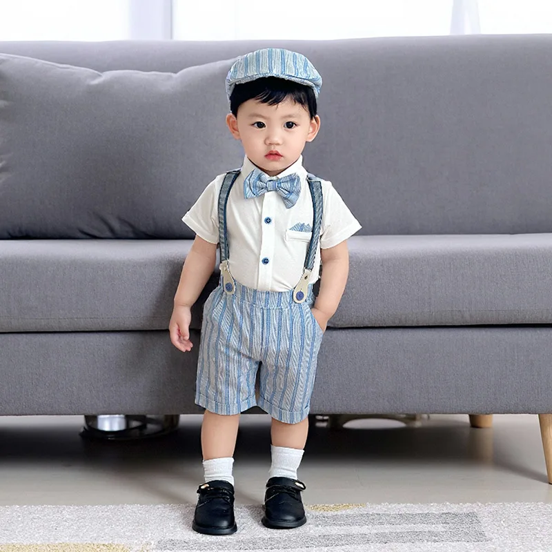 

Baby Boy Summer 3Pcs Outfits Short Sleeve Romper Shorts Hat Set Infant Toddler Gentleman Formal Party Wedding Birthday Dress