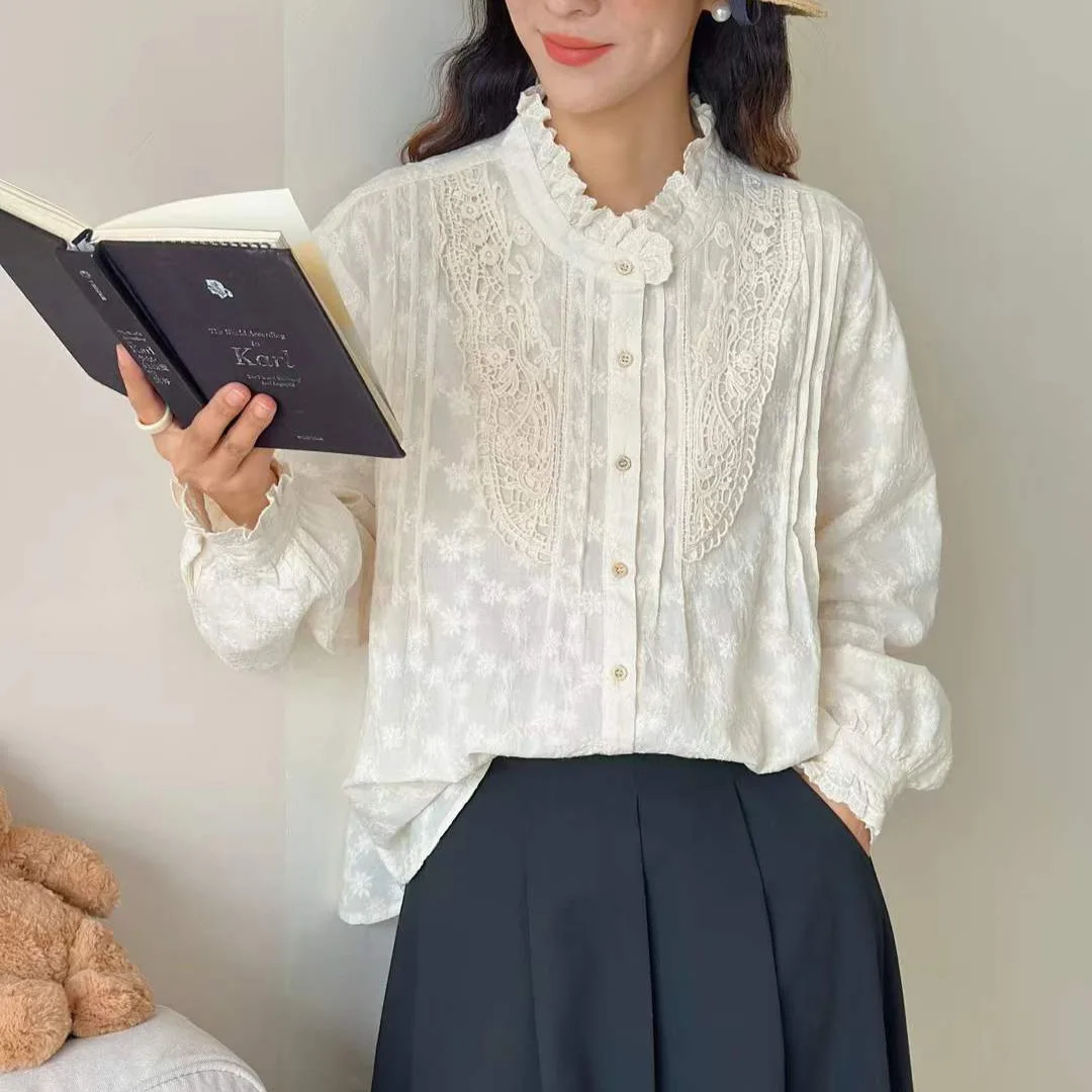 Japanese Sweet Mori Girl Lace Embroidery Cotton Shirts Women Spring Autumn Stand Collar Long Sleeve Casual Loose Blouse Tops