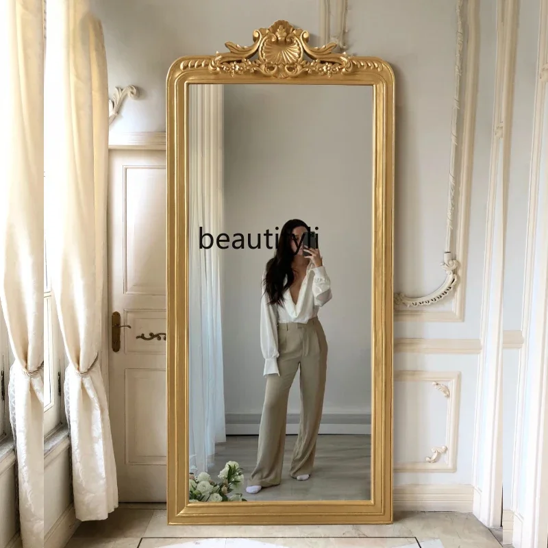 

European and American full-body mirror wall-mounted retro, light luxury carved mirror irregular mirror against the wall