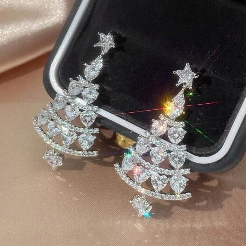 Women's Christmas Tree Zircon Crystal Star Dangle Earrings, Party Gift