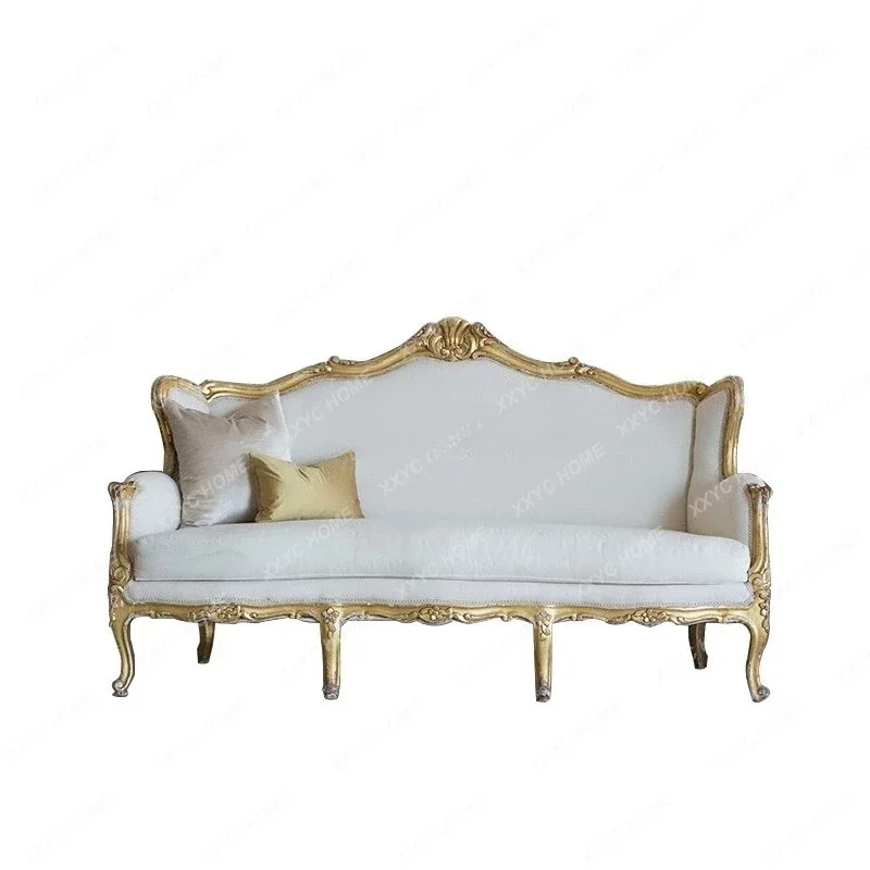 

French Entry Lux Solid Wood Small Apartment Living Room American Simple Fabric Golden Carved Couch