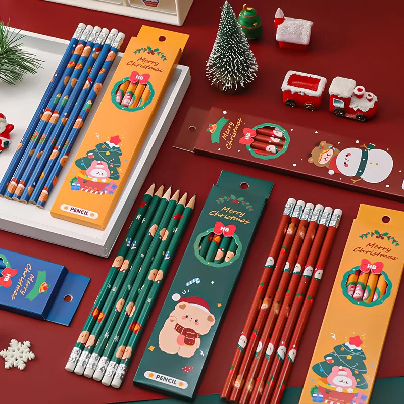 

6pcs/lot Christmas Boxed Pencils wooden pencil HB pencil with eraser children's drawing pencil school writing stationery