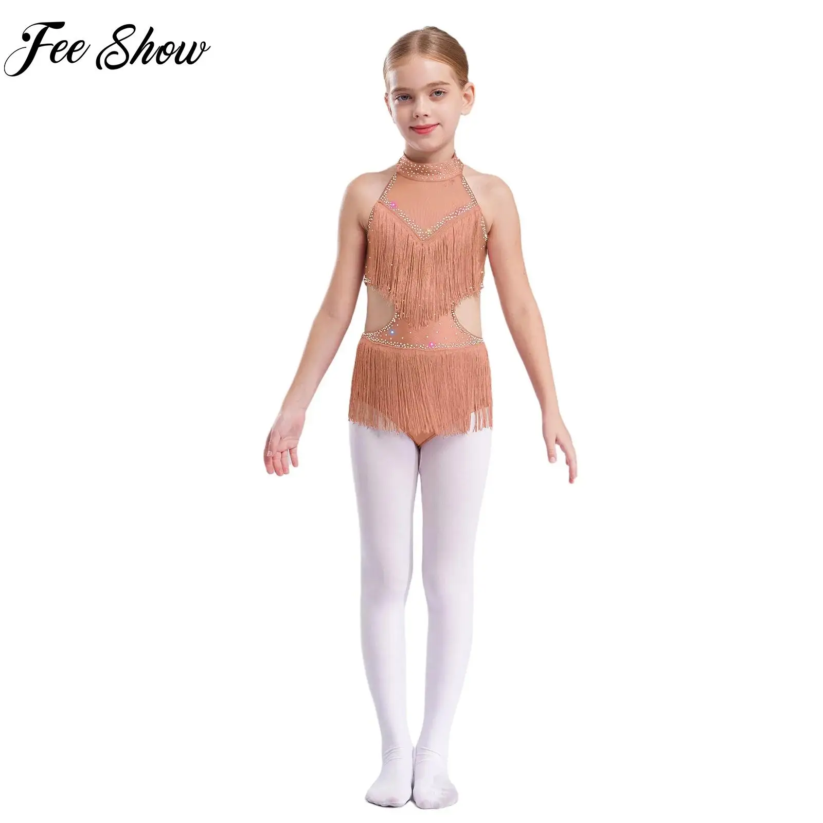 

Kids Girls Latin Cha-cha Tango Samba Dance Leotard Costume Child Sleeveless Cutout Backless Tassels Rhinestones Fringed Bodysuit