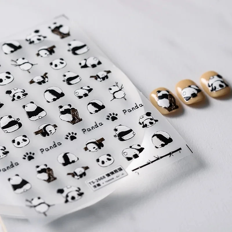 Panda Lovely Cartoon 5D Soft Embossed Reliefs Self Adhesive Nail Art Stickers Green Bamboo 3D Manicure Decals Wholesale