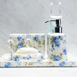 Modern Ceramic Bathroom Four Piece Set Hand Painted Flowers Decorative Storage Tray Desktop Mouthwash Cup Bathrooms Accesories