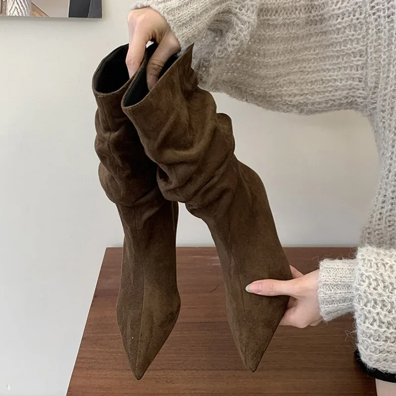 Eilyken Design Vintage Style Slouchy Woman Ankle Boots Design Style Wedge Heels Pointed Toe Pull On Ruched Stacked Botas Shoes