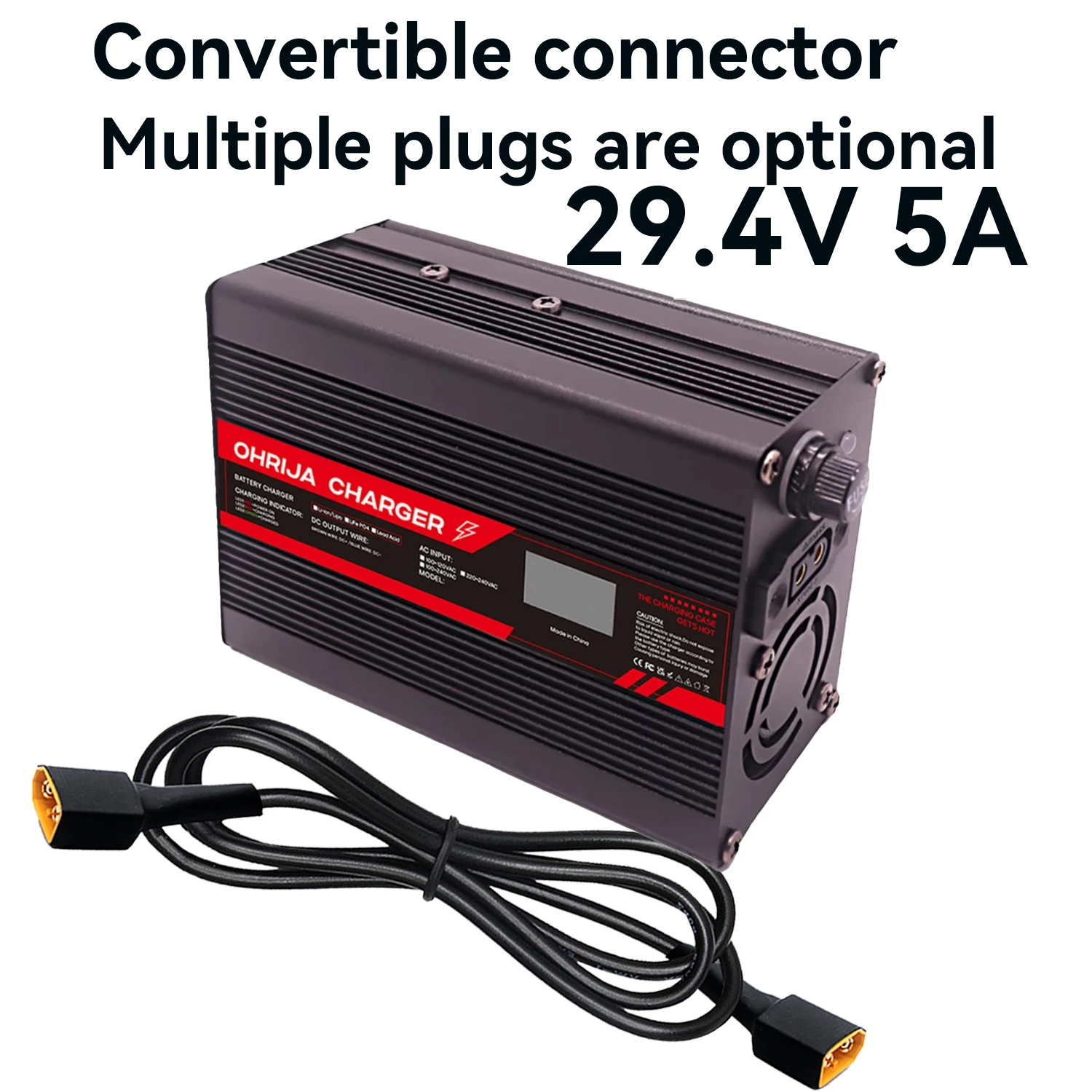 

29.4V 5A Lithium Battery Fast Charger for 7S 25.9V OLED Display & Interchangeable Connector Fast stabilization with cooling fan