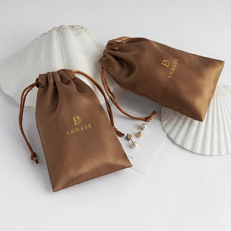 

100pcs coffee satin drawstring bags custom dust bags Jewelry package pouch personalized your logo printed bulk product package