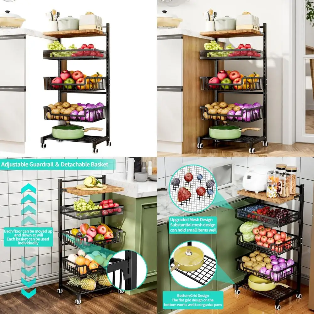 

5-Shelf Adjustable Rolling Kitchen Cart for Vegetable and Fruit Storage with Large Capacity