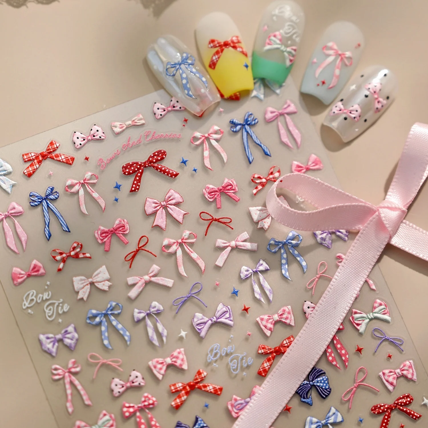 5D Vintage Mehrfarbige Schleifen-Nagelaufkleber, Polka-Dot-Schleifen, Karo-Schleifen, Dünne Knoten, Geprägte Preppy-Style Selbstklebende Nagelkunst-Sticker
