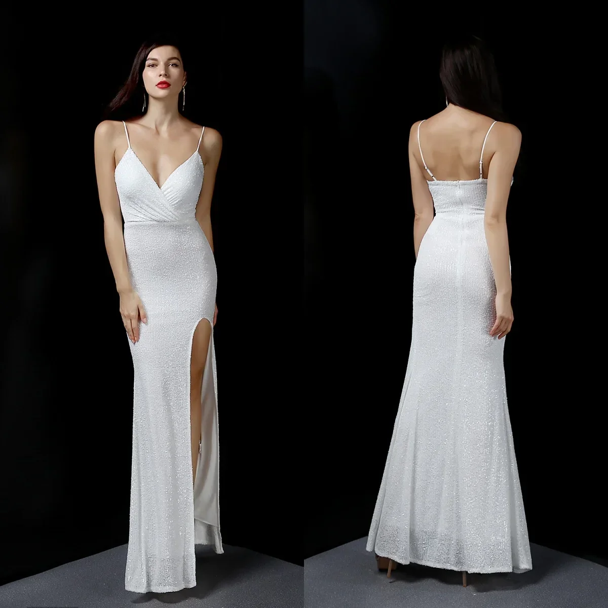 

Evening Dresses White Sequins Stretchy Sgaphetti Straps Zipper Back Mermaid Trumpet Floor Length Women Party Formal Gowns YE005