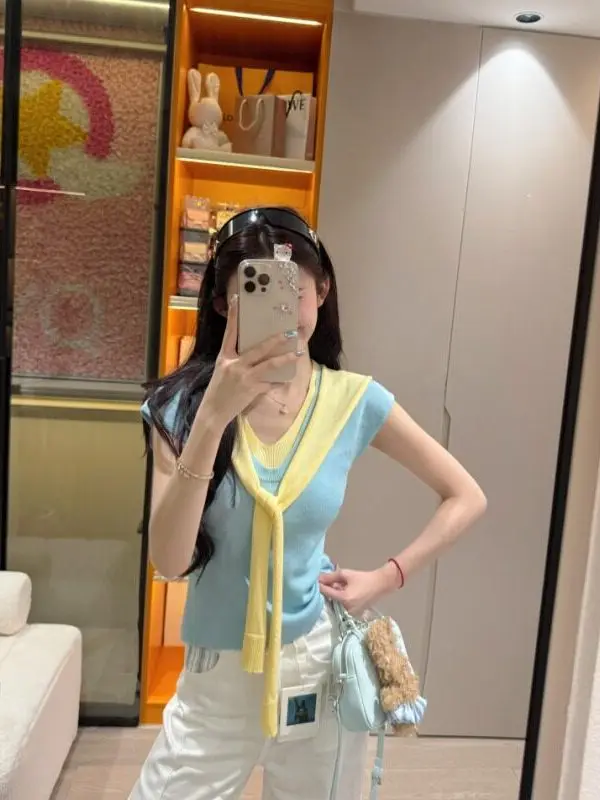 Korean Style Soft V-Neck Knitted Shoulder Women's Summer Slimming Short Sleeve Top Pure Desire Personality False Two-Piece Shirt