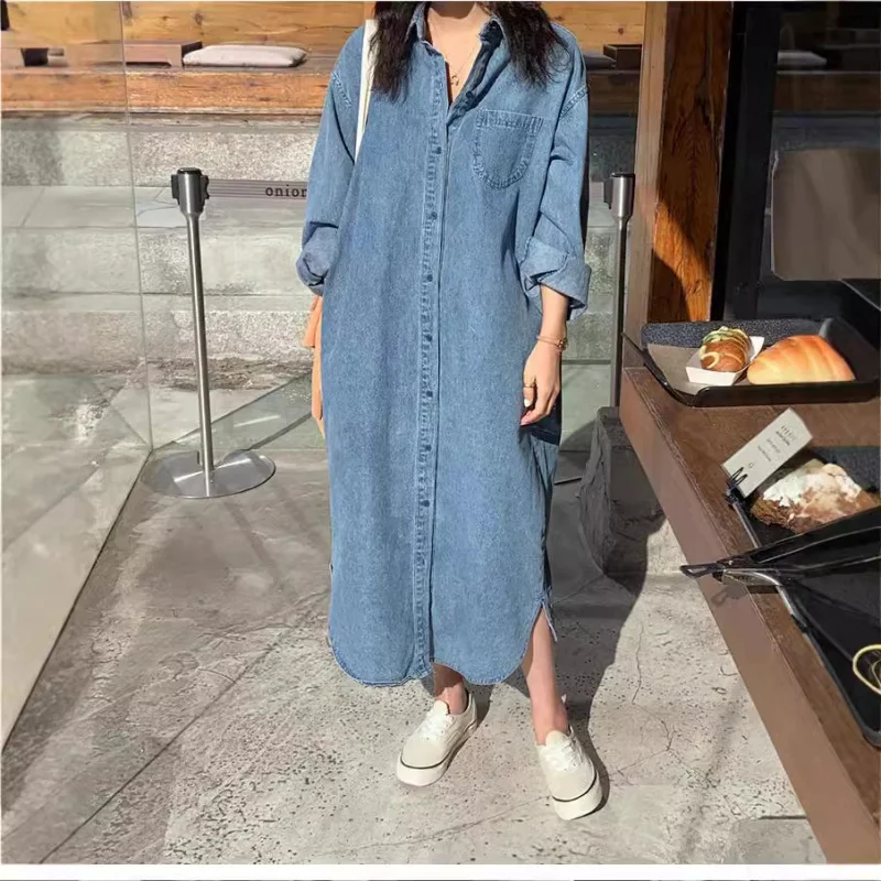 

Свободное ленивое платье в японском и корейском стиле, женское осенне-зимнее утягивающее повседневное длинное платье выше колена с отложным воротником