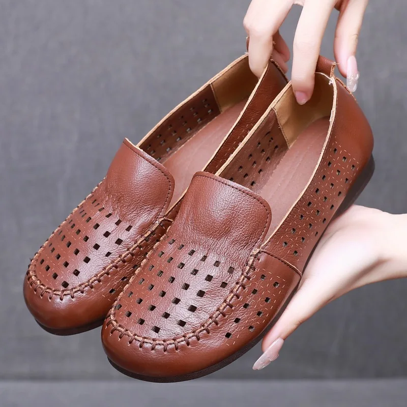 GKTINOO Summer Hollow Genuine Leather Shoes New Fashion Women Shoes Woman For Mom Women\'s Flats Comfortable Handmade Loafers