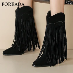 FOREADA Woman Ankle Boots Square Toe Thin High Heels Tassel Western Short Boots Lady Fashion Shoes Autumn Winter Green Black 44