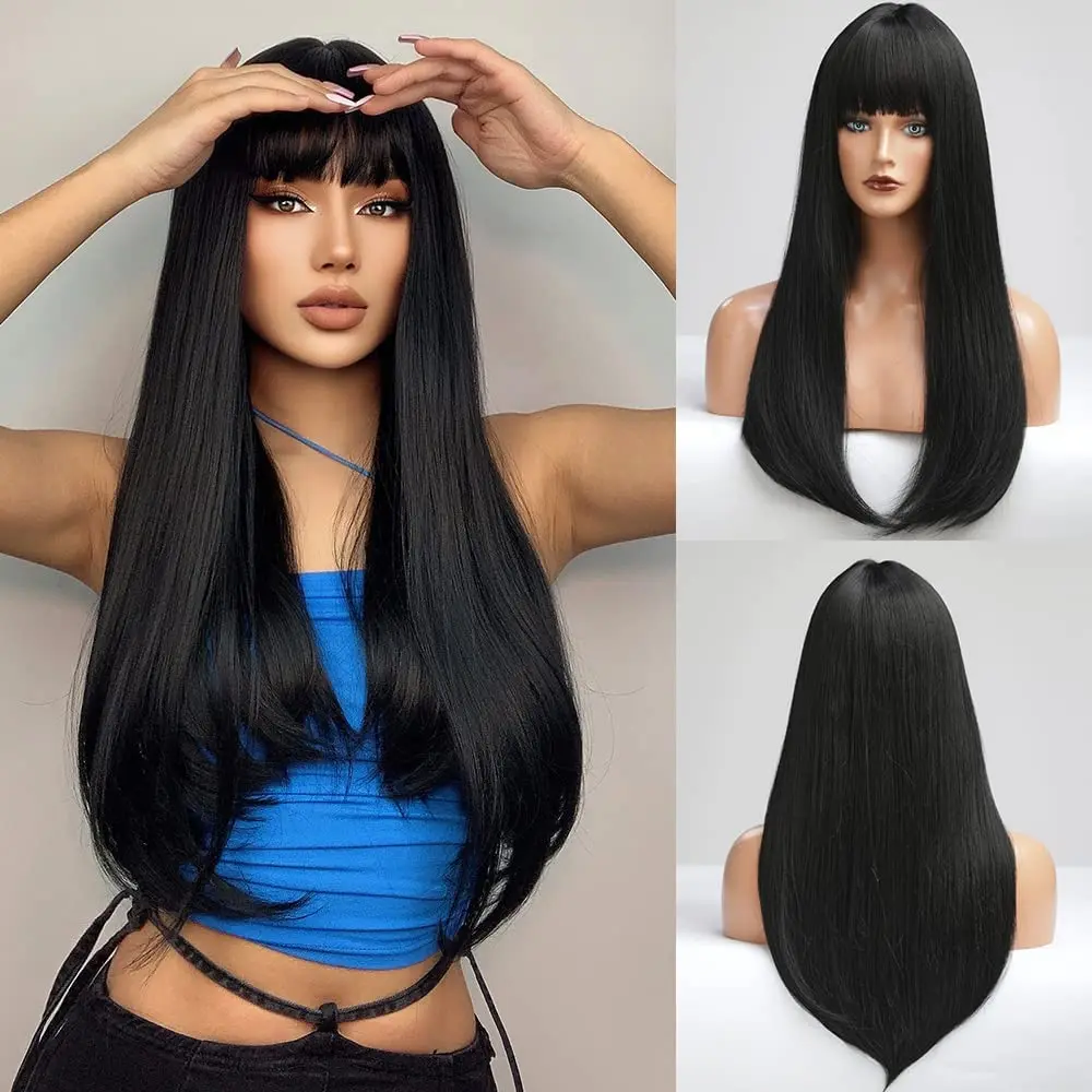 28-Inch Black Wig Long Straight Hair With Natural Fluffy Bangs Women's Synthetic Fiber Synthetic Everyday Party Cosplay Wig