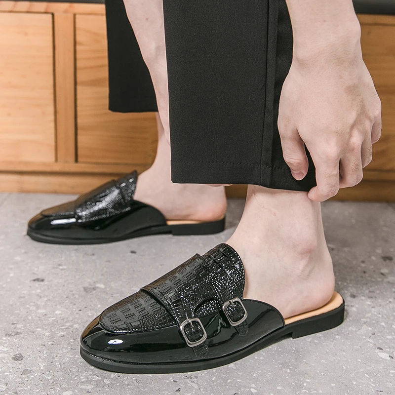 Large Size 47 Mules Men Backless Loafers for Man Open-back Casual Shoes Half Slippers Slip On Closed Toe Leather Slides Sandal