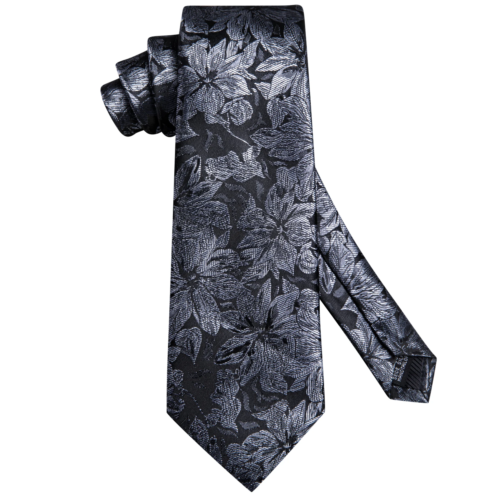 Hi-Tie Fashion 8.5cm Black Grey Floral Mens Elegant Tie Handkerchief Cufflinks Set Wedding Party Accessories Gift for Men Gravat