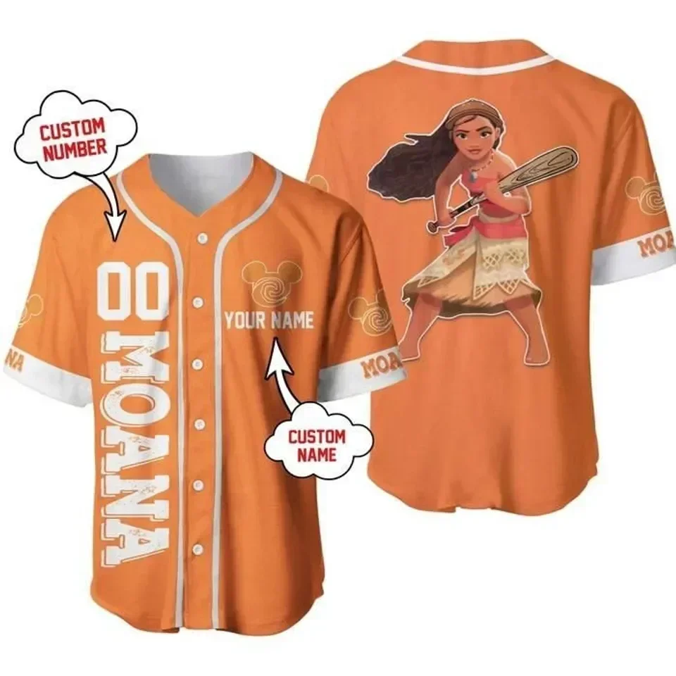 Disney Moana Princess Customized Name Baseball Jersey Outdoor Sports Style Casual Jersey Men\'s and Women\'s Personalized Tops