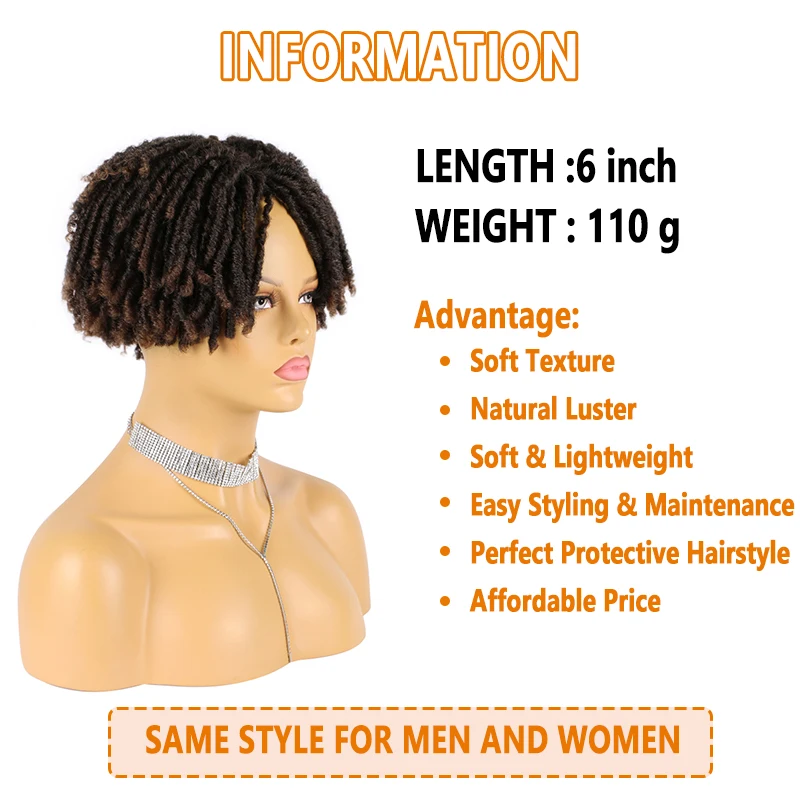 Dreadlock cabelo topper peruca com clipe em meia perucas trançadas, cabelo sintético curto para homens e mulheres