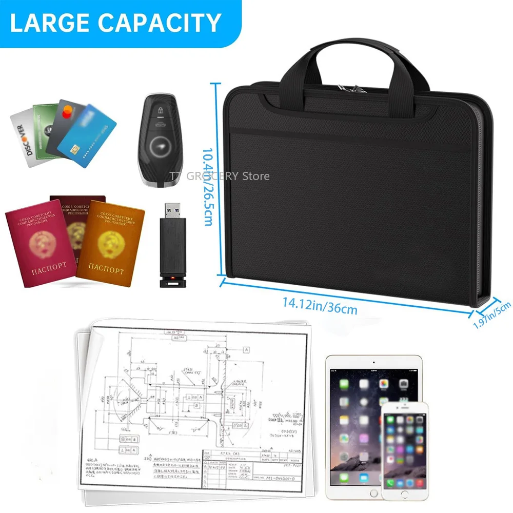 A4 Zipper File Bag Waterproof Fireproof Document Bag Foldable Accordion File Pouch Large Capacity Document Storage Bag