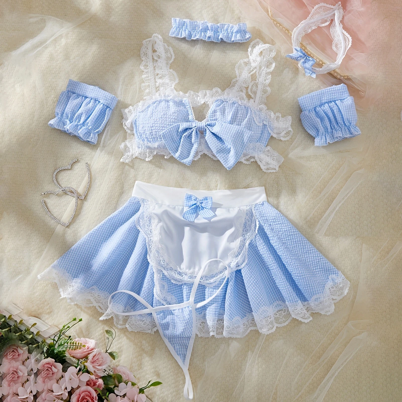 Conjunto de lencería de sirvienta Sexy Lolita para mujer, sin mangas, con estampado de cuadros, lazo y falda, delantal, ropa de dormir exótica