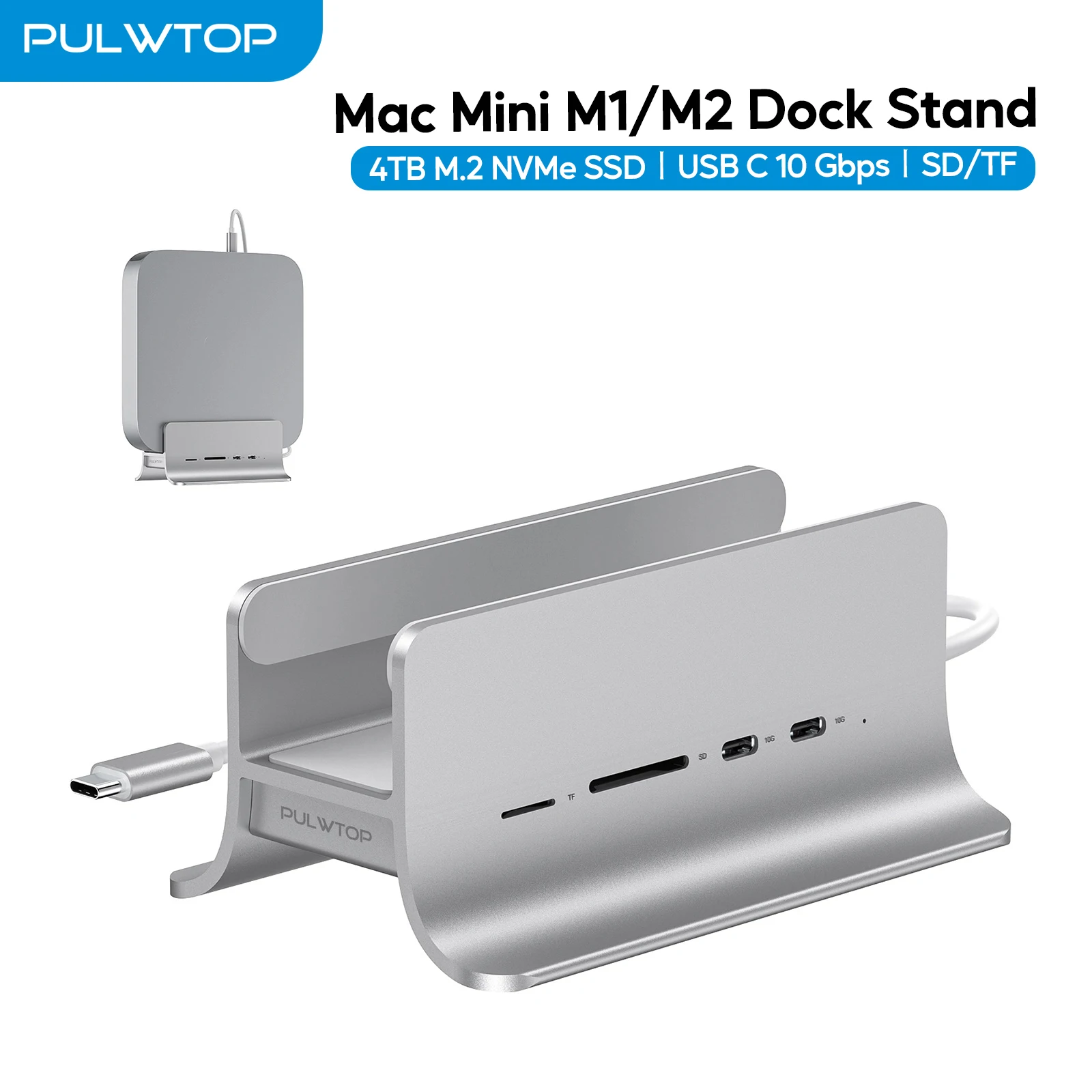PULWTOP 5-in-1 USB C Hub لجهاز Mac Mini M1/M2، محور mac mini يدعم توسيع M.2 NVMe SSD، مع 2x USB C 3.2 بسرعة 10 جيجابت في الثانية، SD/TF