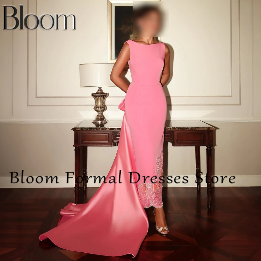 Bloom Customized Solid Color Crystal Sequined Solid Color Backless Bow Sweep Train A-Line Ankle Length Dresses Formal Occasions