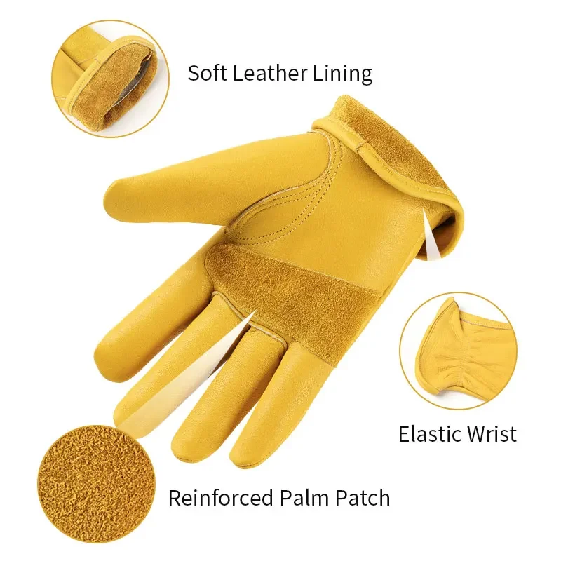 Leather Work Gloves Men Mechanical Gardening Farm Safety Heavy Duty Work Wood Working Driving Riding Yellow Gloves