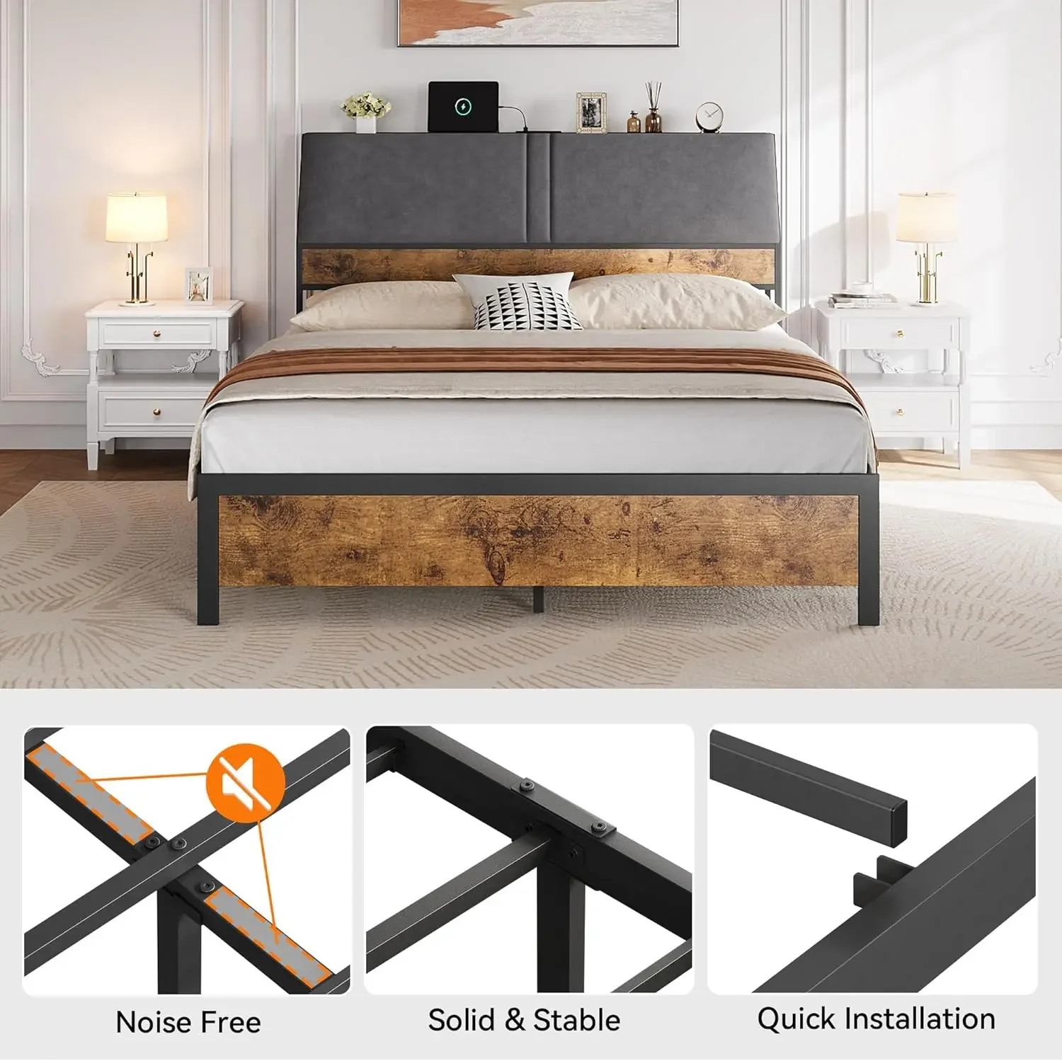 إطار سرير Garvee بالحجم الكامل مع لوح رأسي منجد محيطي، محور شحن مدمج، دعامة شرائح خشبية قوية، وواسعة